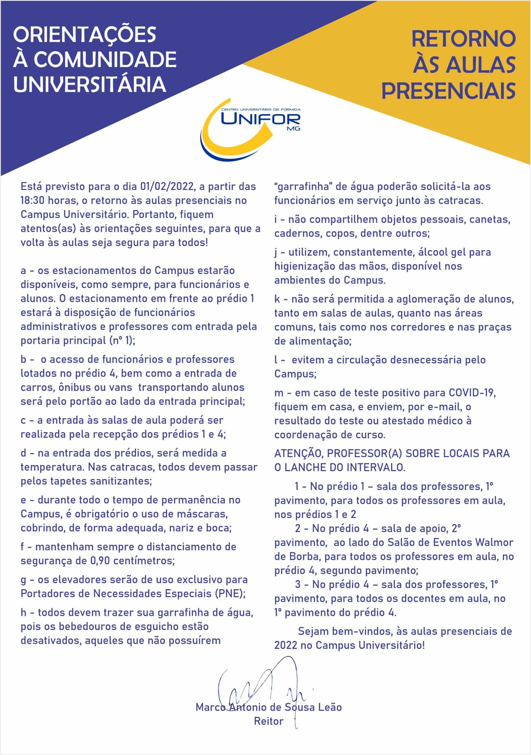 ORIENTAÇÕES À COMUNIDADE UNIVERSITÁRIA – RETORNO ÀS AULAS PRESENCIAIS – 1º SEMESTRE DE 2022