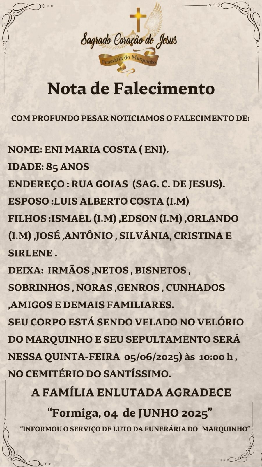 NOTA DE PESAR – ENI MARIA COSTA
