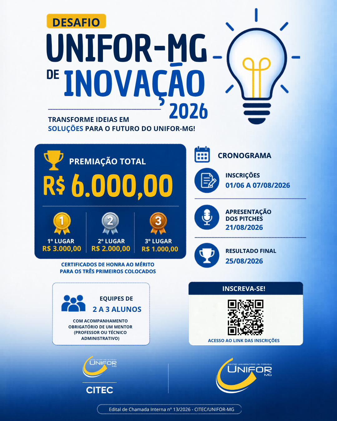 DESAFIO UNIFOR-MG DE INOVAÇÃO ESTÁ COM INSCRIÇÕES ABERTAS