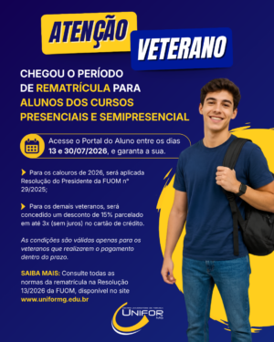 UNIFOR-MG DIVULGA RESOLUÇÃO DE NORMAS PARA A REMATRÍCULA DO SEGUNDO SEMESTRE DE 2026 DOS CURSOS PRESENCIAIS E SEMIPRESENCIAIS